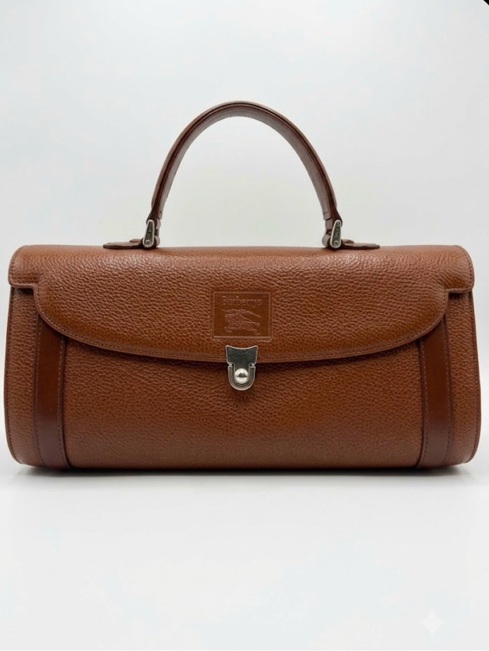Vintage Burberrys Brown Pebbled Leather Top Handle Satchel Bag Check Lined - Picture 1 of 11